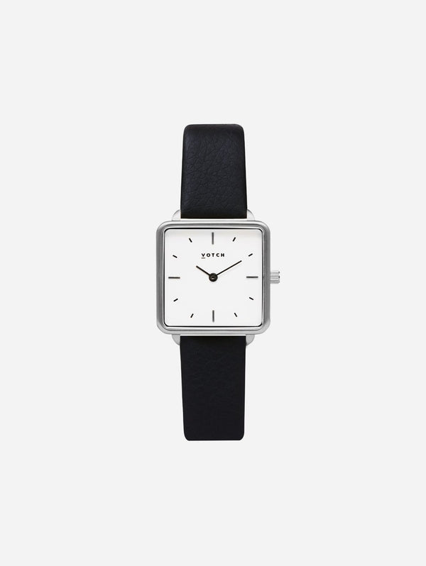 Votch Kindred Silver & White Dial Watch | Black Vegan Leather Strap
