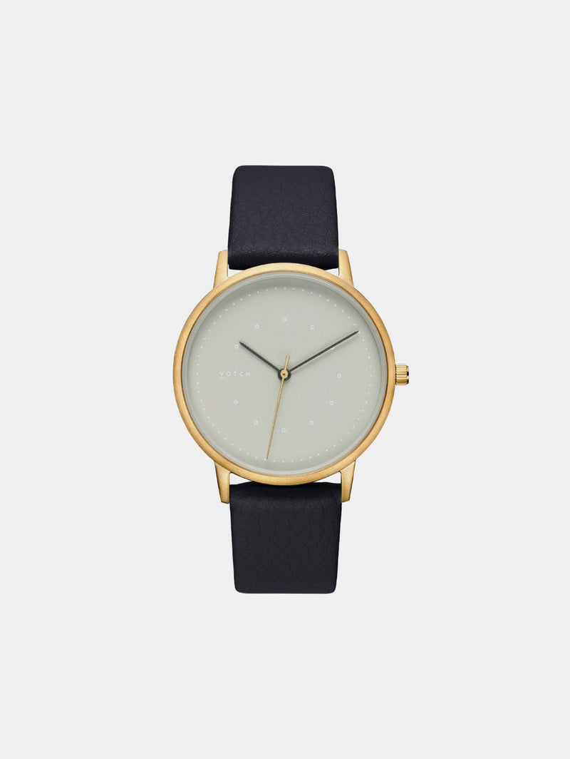 Votch Lyka Gold and Black Watch with Grey Face | Black Vegan Leather Strap
