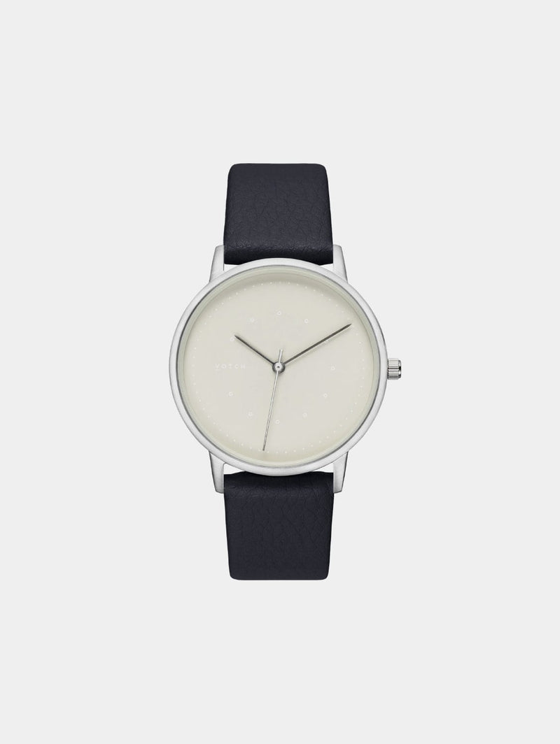 Votch Lyka Silver and Black Watch with Grey Face | Black Vegan Leather Strap