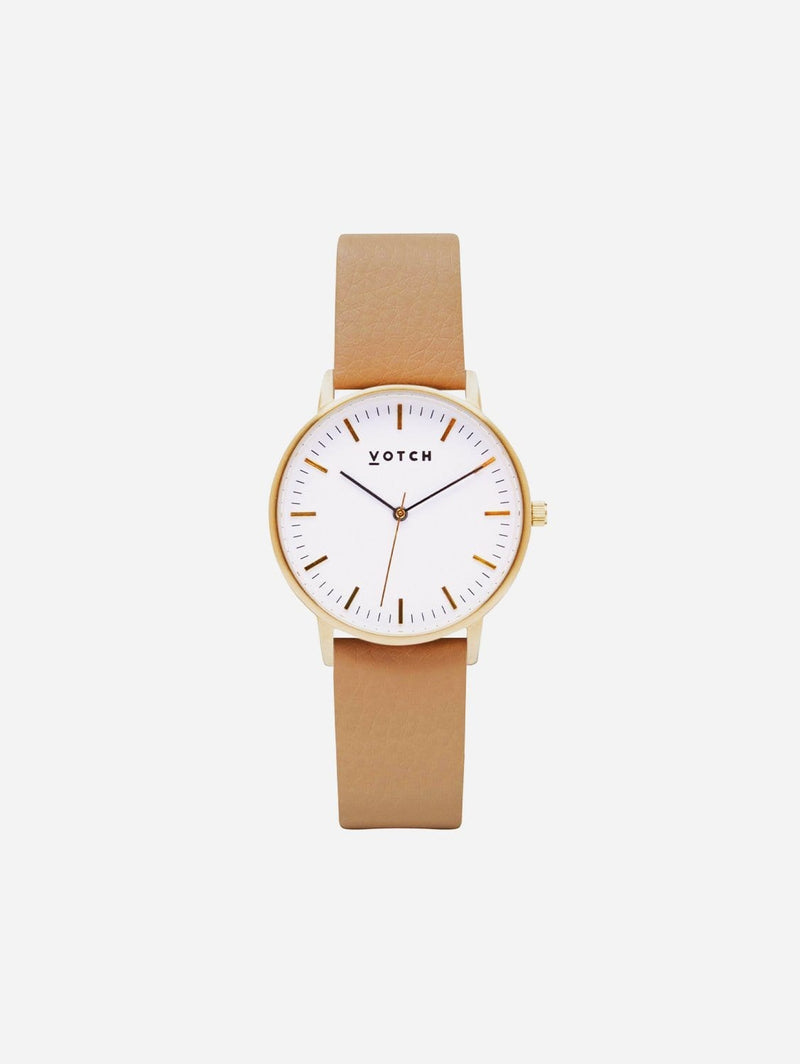 Votch Moment Gold & White Dial Watch | Tan Vegan Leather Strap