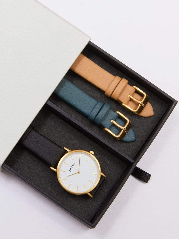 Votch Petite Gold & Black Dial Watch Gift Set | Multi Vegan Leather Straps