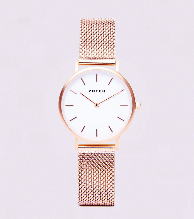 Votch Petite Rose Gold & White Dial Watch | Rose Gold Mesh Strap