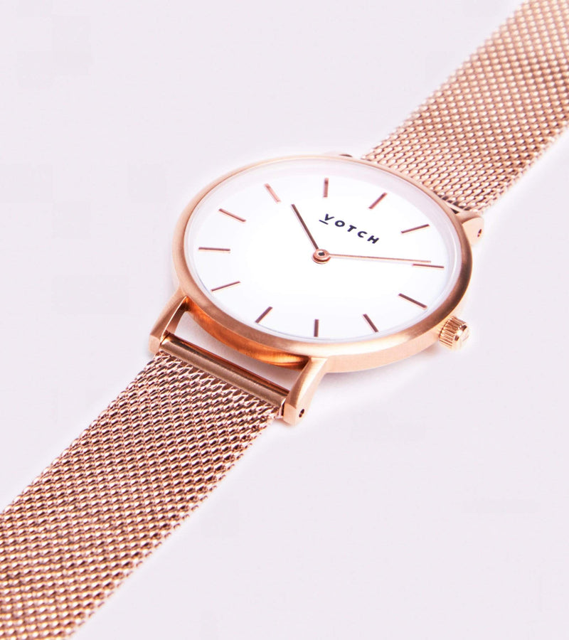 Votch Petite Rose Gold & White Dial Watch | Rose Gold Mesh Strap