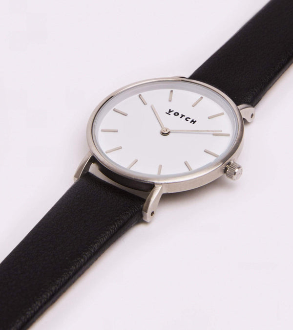 Votch Petite Silver & White Dial Watch | Black Vegan Leather Strap