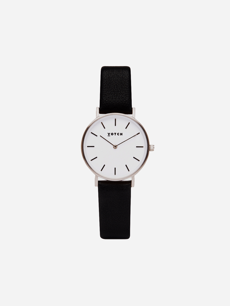 Votch Petite Silver & White Dial Watch | Black Vegan Leather Strap