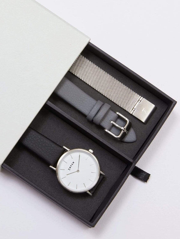 Votch Petite Silver & White Dial Watch Gift Set | Multi Vegan Leather & Mesh Straps