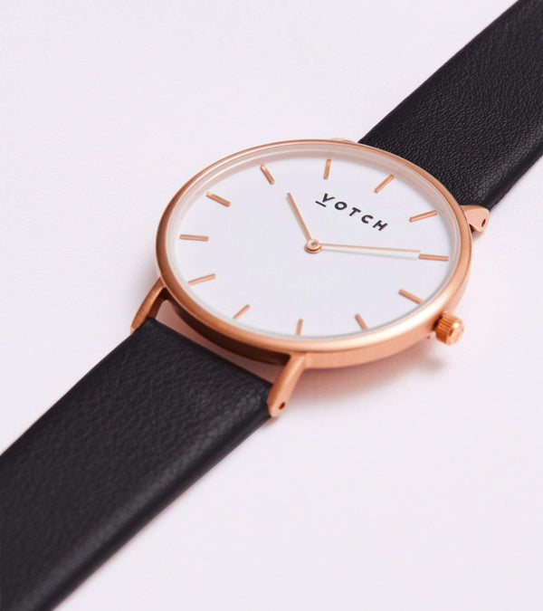 Classic Watch with Rose Gold & White Dial | Black Vegan Leather Strap