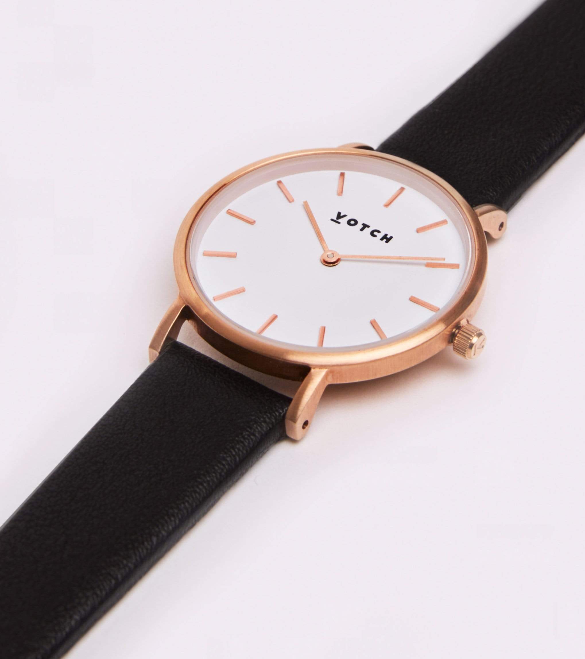 Petite Watch with Rose Gold & White Dial | Black Vegan Leather Strap