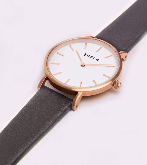 Petite Watch with Rose Gold & White Dial | Dark Grey Vegan Leather Strap