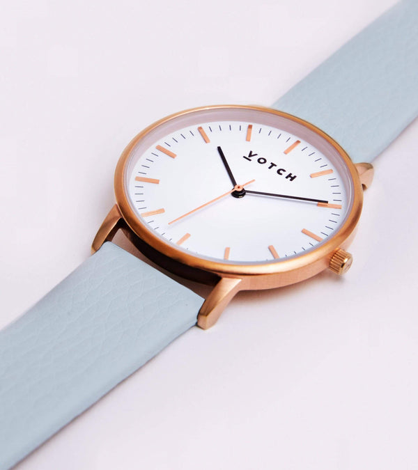 Moment Watch with Rose Gold & White Dial  | Light Blue Vegan Leather Strap