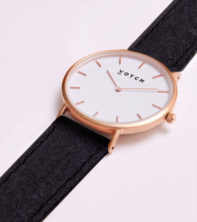 Classic Watch with Rose Gold & White Dial | Black Piñatex Vegan Leather Strap