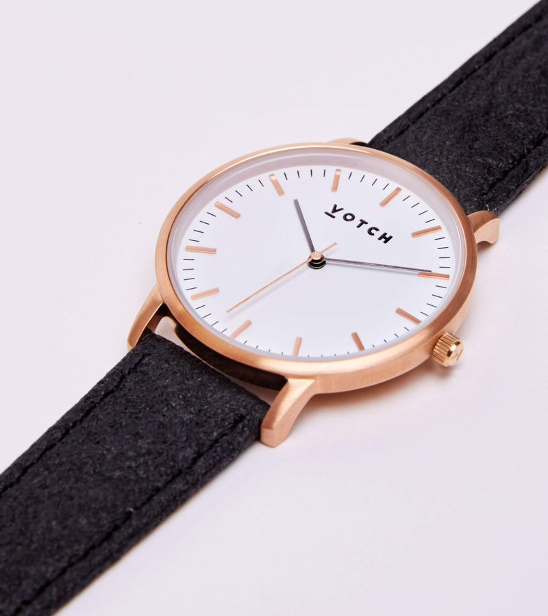 Moment Watch with Rose Gold & White Dial | Black Piñatex Vegan Leather Strap