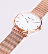 Classic Watch with Rose Gold & White Dial | Rose Gold Mesh Strap