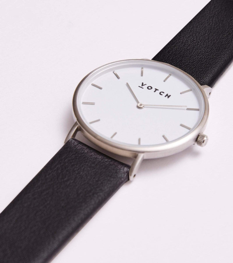Classic Watch with Silver & White Dial | Black Vegan Leather Strap ...