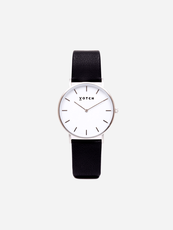 Classic Watch with Silver & White Dial | Black Vegan Leather Strap