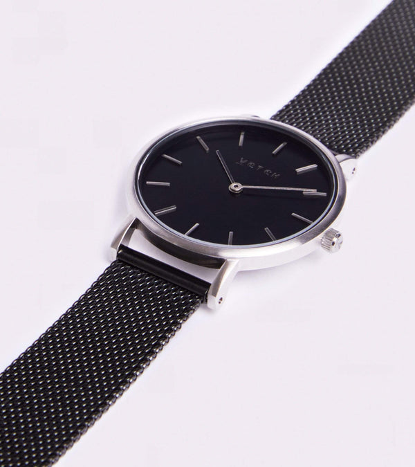 Petite Watch with Silver & Black Dial | Black Mesh Strap