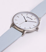 Moment Watch with Silver & White Dial | Light Blue Vegan Leather Strap