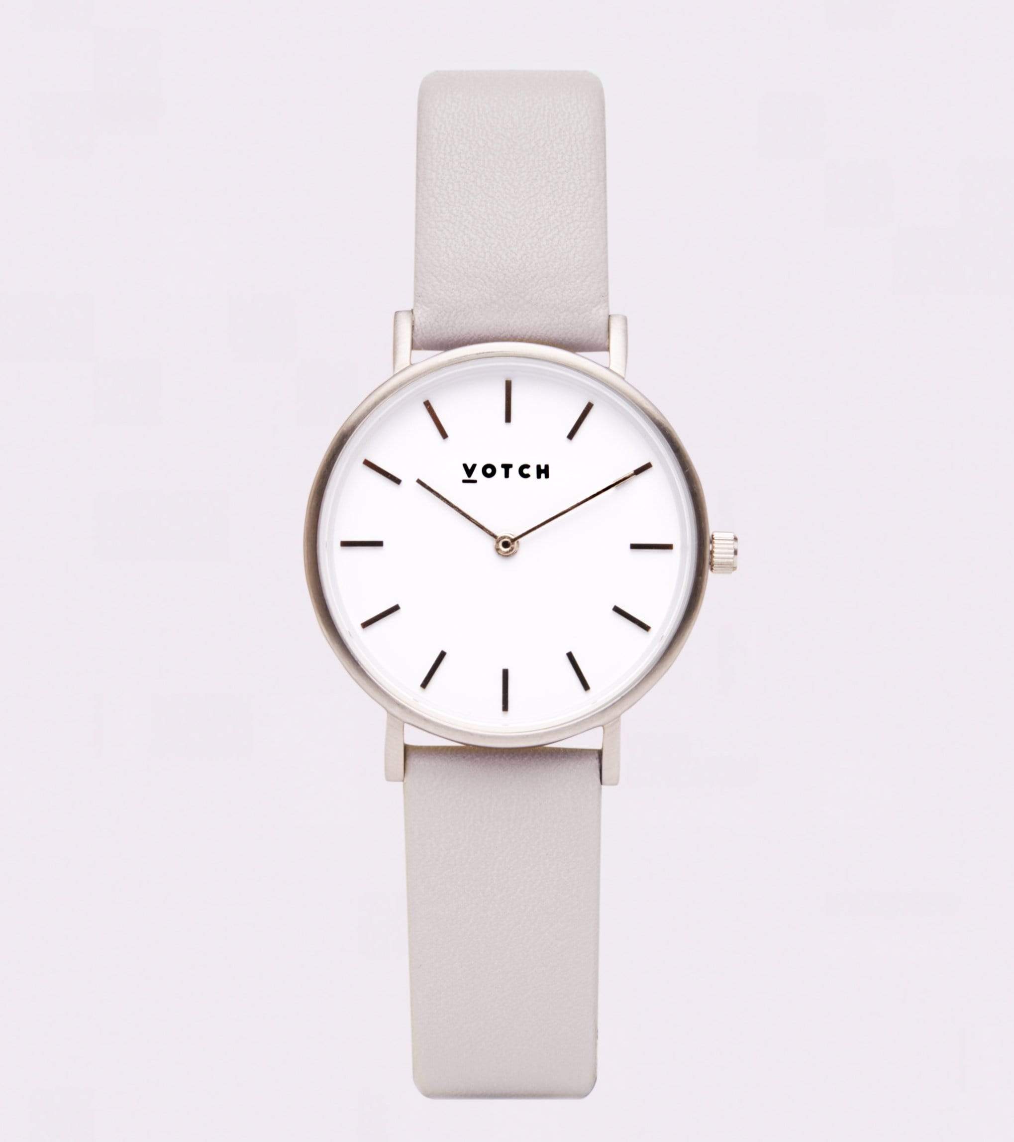 Petite Watch with Silver & White Dial | Light Grey Vegan Leather Strap