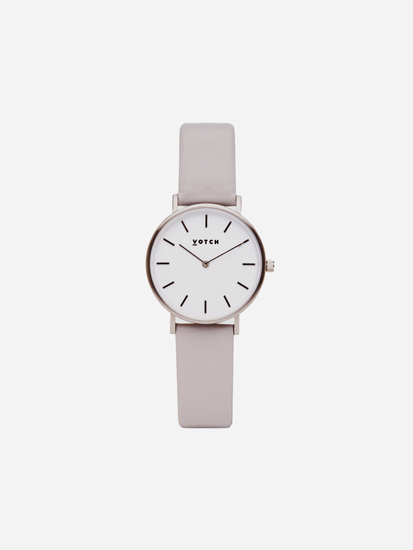 Petite Watch with Silver & White Dial | Light Grey Vegan Leather Strap