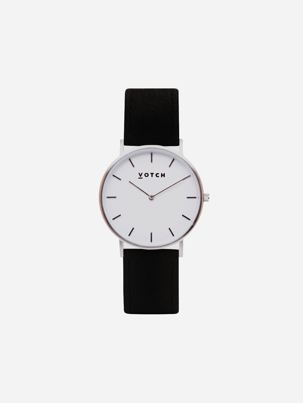 Classic Watch with Silver & White Dial | Black Piñatex Vegan Leather Strap