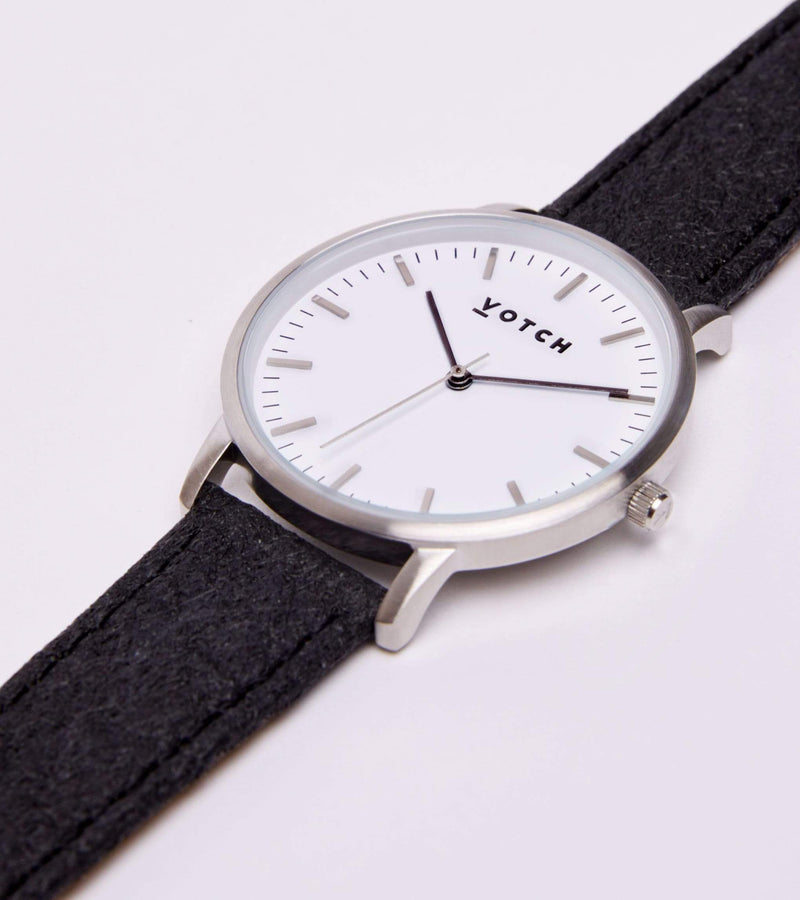 Moment Watch with Silver & White Dial | Black Piñatex Vegan Leather Strap
