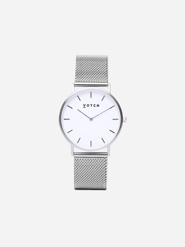 Classic Watch with Silver & White Dial | Silver Mesh Strap