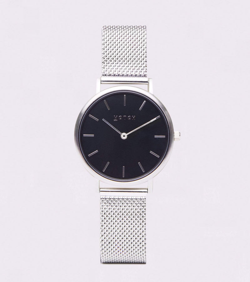 Petite Watch with Silver & Black Dial | Silver Mesh Strap