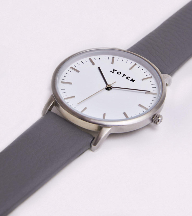 Moment Watch with Silver & White Dial | Slate Grey Vegan Leather Strap