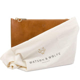 Watson & Wolfe Camden Vegan Leather Crossbody Clutch | Cognac & Emerald