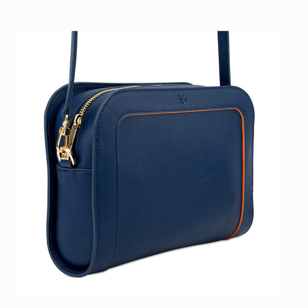 Watson & Wolfe The Wilton Vegan Leather Crossbody Bag | Navy & Orange