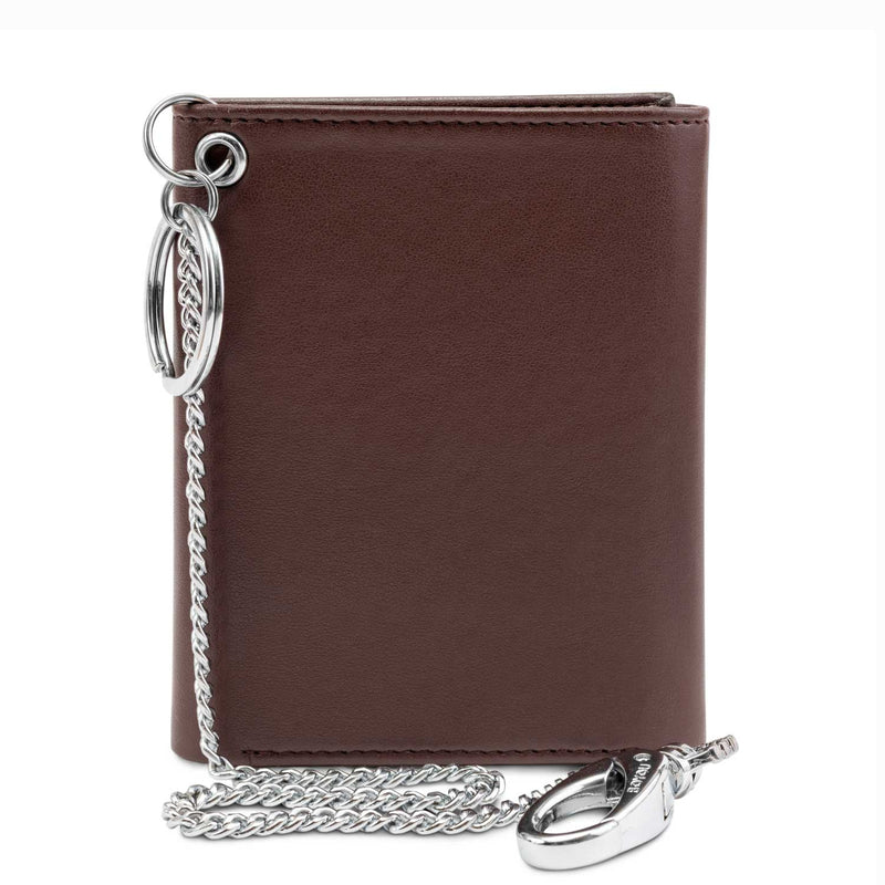 Watson & Wolfe Trifold Vegan Leather RFID Protective Wallet for Key Belt Chain | Chestnut Brown