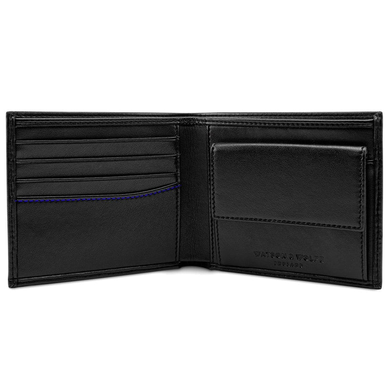 Watson & Wolfe Vegan Leather RFID Protective Wallet with Coin Pocket | Black & Cobalt Blue